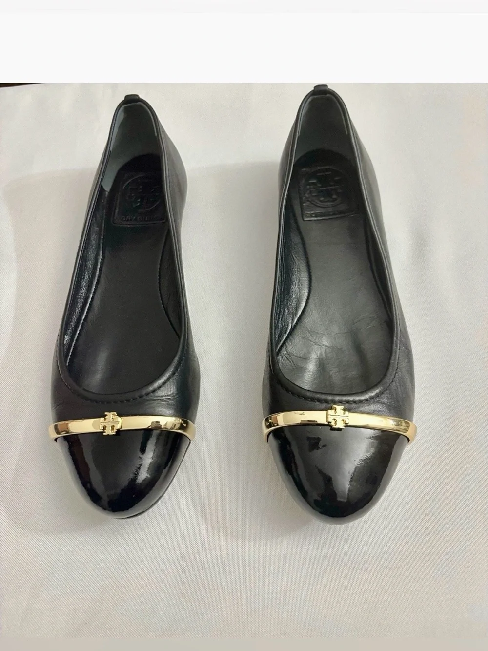 Tory Burch Pacey Black Leather Cap Toe Logo Ballerina Flats Size  6.5M.